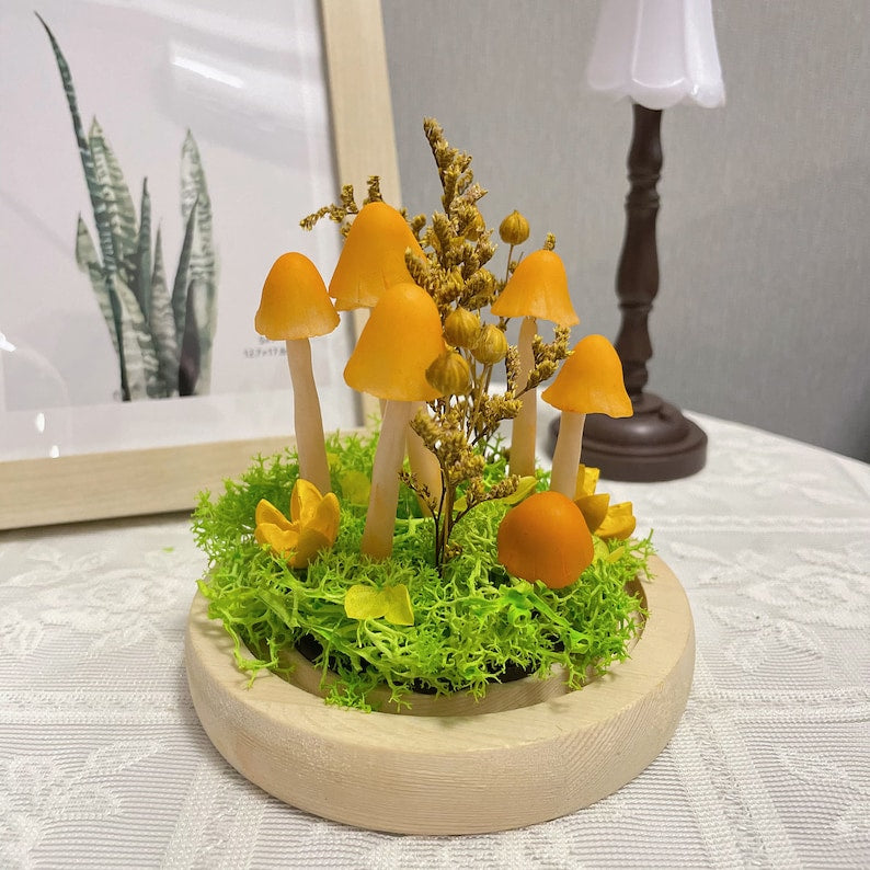 Orange Mushroom Lamp LED Resin Wooden Base Handmade Forest Light Home Decor