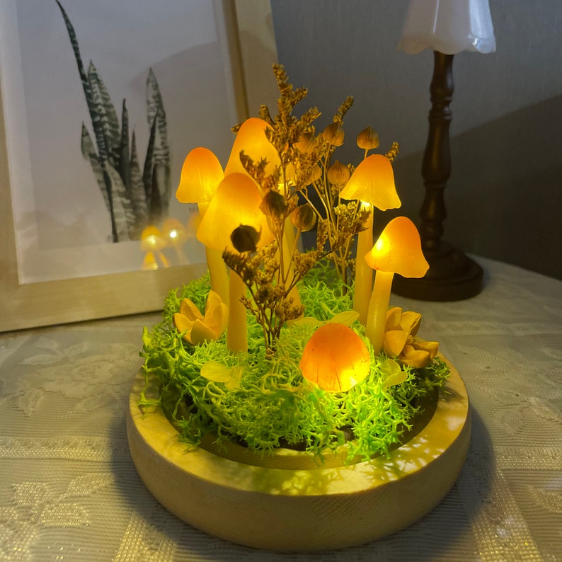 Orange Mushroom Lamp LED Resin Wooden Base Handmade Forest Light Home Decor