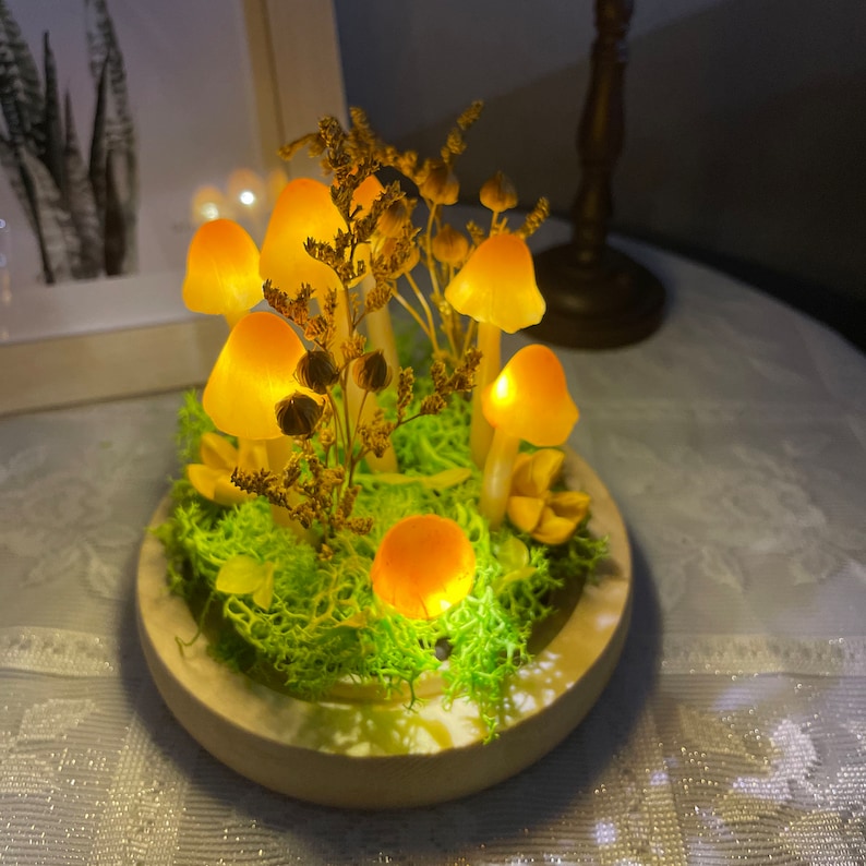 Orange Mushroom Lamp LED Resin Wooden Base Handmade Forest Light Home Decor