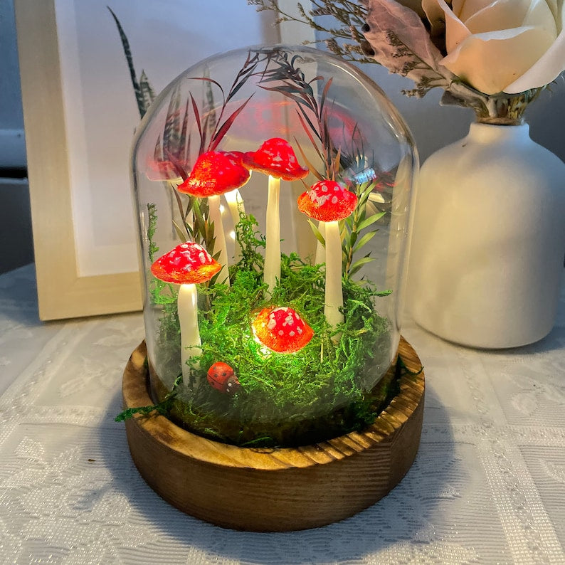 Red Mushroom Lamp Handmade Resin Glass LED Night Light Wooden Base Battery or USB Powered Home Decor