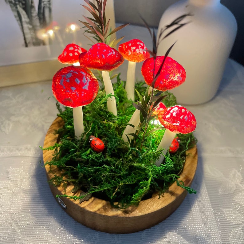 Red Mushroom Lamp Handmade Resin Glass LED Night Light Wooden Base Battery or USB Powered Home Decor