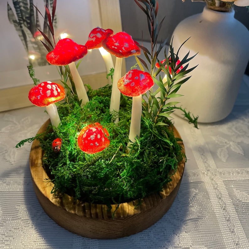 Red Mushroom Lamp Handmade Resin Glass LED Night Light Wooden Base Battery or USB Powered Home Decor