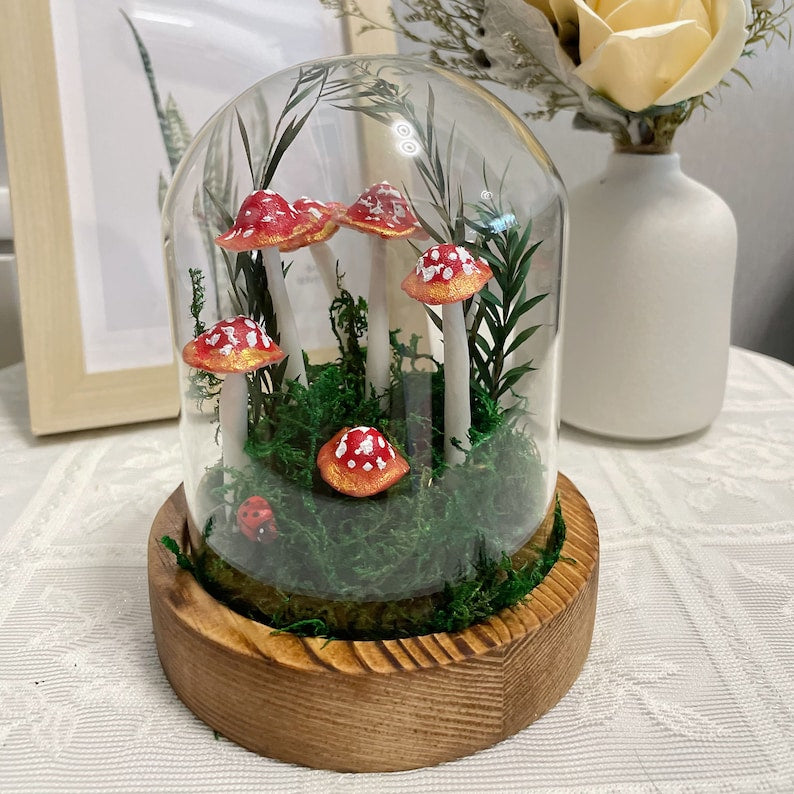 Red Mushroom Lamp Handmade Resin Glass LED Night Light Wooden Base Battery or USB Powered Home Decor