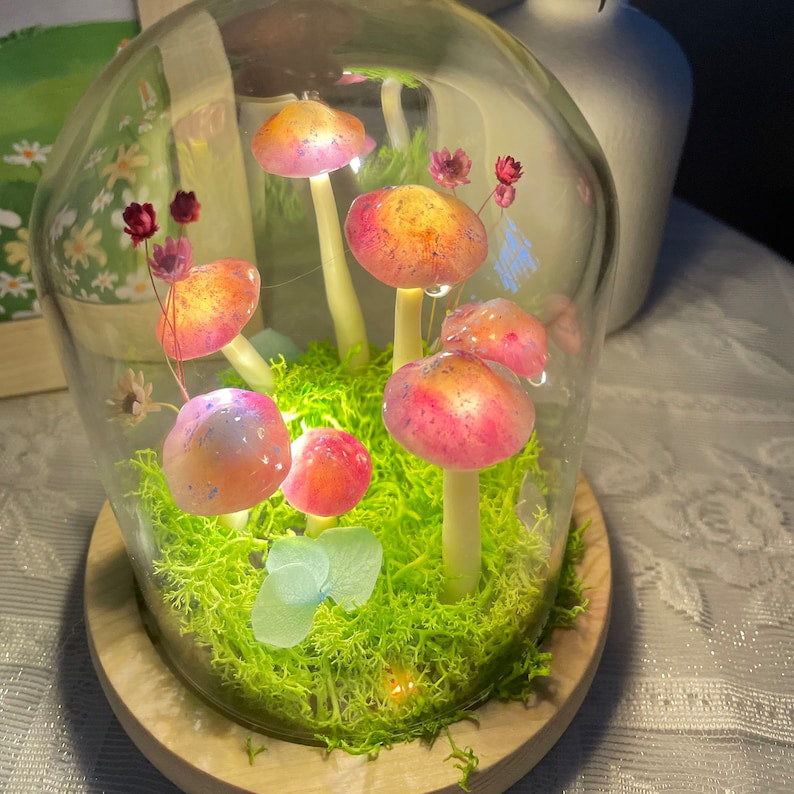 Handmade LED Mushroom Lamp with Wooden Base, Warm Glow Night Light for Bedroom and Living Room, 12 cm Height