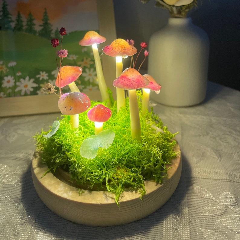 Handmade LED Mushroom Lamp with Wooden Base, Warm Glow Night Light for Bedroom and Living Room, 12 cm Height