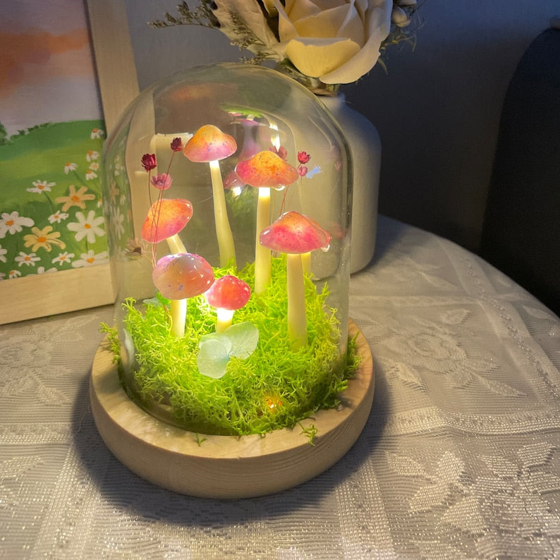 Handmade LED Mushroom Lamp with Wooden Base, Warm Glow Night Light for Bedroom and Living Room, 12 cm Height