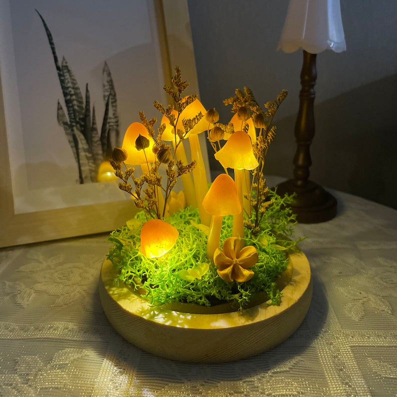 Orange Mushroom Lamp LED Resin Wooden Base Handmade Forest Light Home Decor