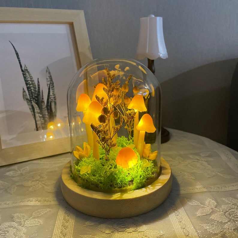 Orange Mushroom Lamp LED Resin Wooden Base Handmade Forest Light Home Decor