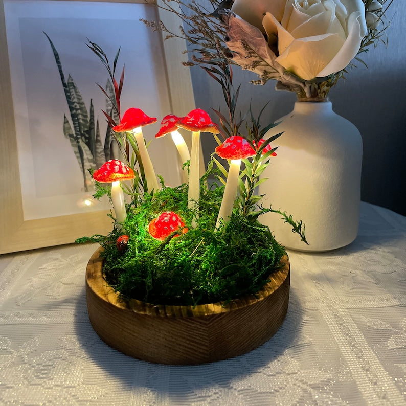 Red Mushroom Lamp Handmade Resin Glass LED Night Light Wooden Base Battery or USB Powered Home Decor