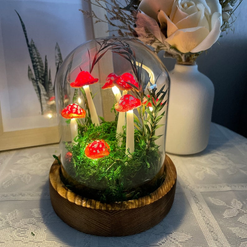 Red Mushroom Lamp Handmade Resin Glass LED Night Light Wooden Base Battery or USB Powered Home Decor