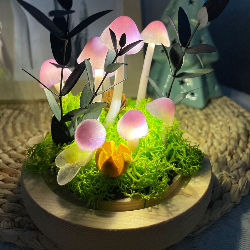 Handmade Mushroom Lamp, Purple LED Night Light, Woodland Decor, 12cm Height, Glass & Wood Base, Battery or USB Powered