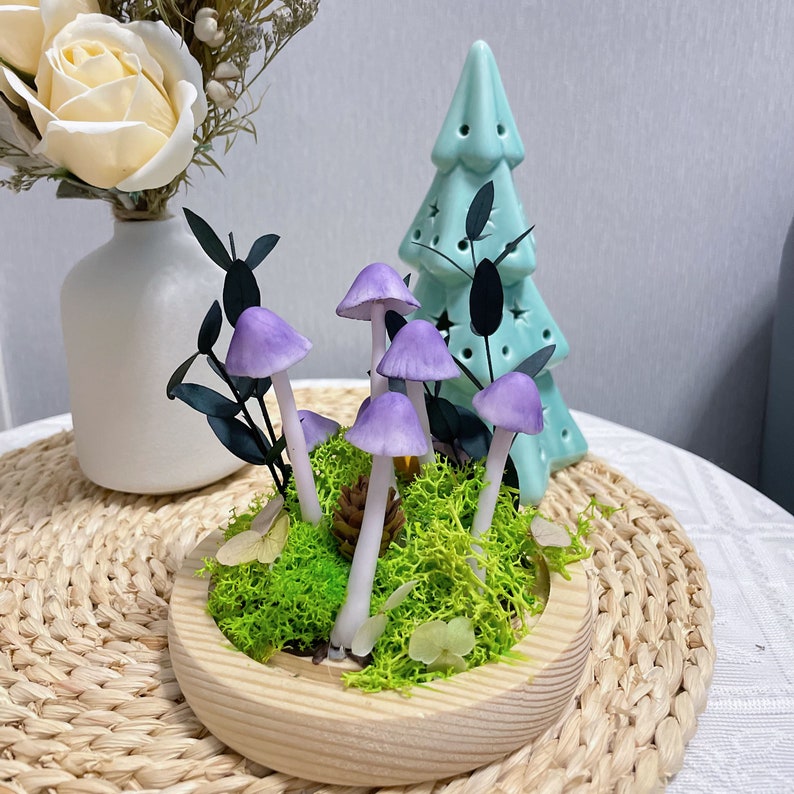 Handmade Mushroom Lamp, Purple LED Night Light, Woodland Decor, 12cm Height, Glass & Wood Base, Battery or USB Powered