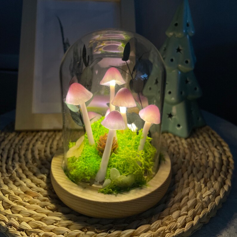 Handmade Mushroom Lamp, Purple LED Night Light, Woodland Decor, 12cm Height, Glass & Wood Base, Battery or USB Powered