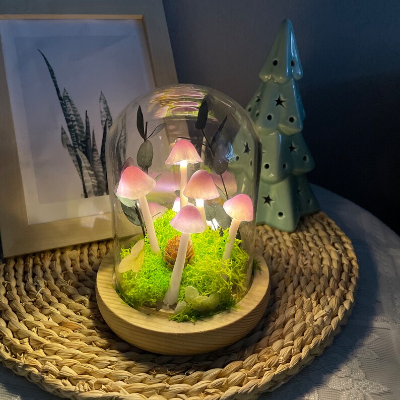 Handmade Mushroom Lamp, Purple LED Night Light, Woodland Decor, 12cm Height, Glass & Wood Base, Battery or USB Powered