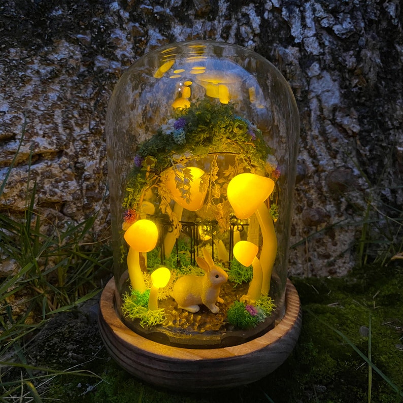Bunny Mushroom Lamp with Wreath Handmade Woodland Night Light Table Lamp