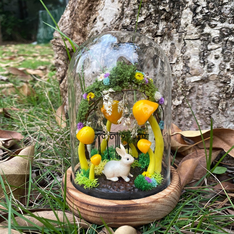 Bunny Mushroom Lamp with Wreath Handmade Woodland Night Light Table Lamp