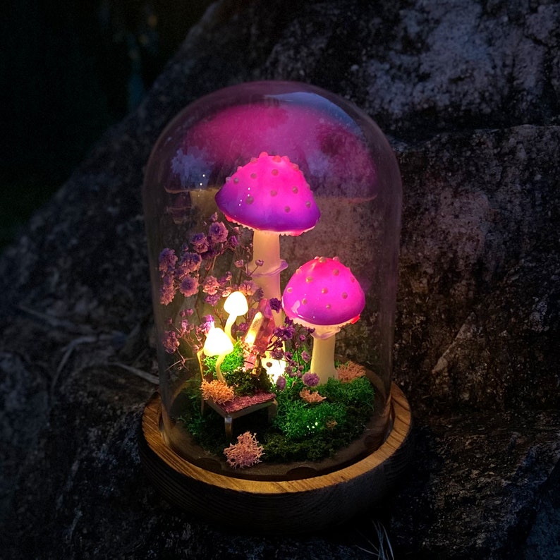 LED Mushroom Lamp with Wooden Base and Glass Dome, Purple Forest Night Light, Battery or USB Powered