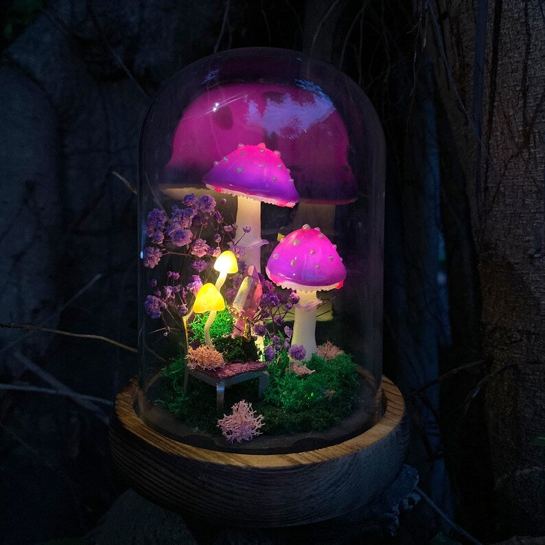 LED Mushroom Lamp with Wooden Base and Glass Dome, Purple Forest Night Light, Battery or USB Powered