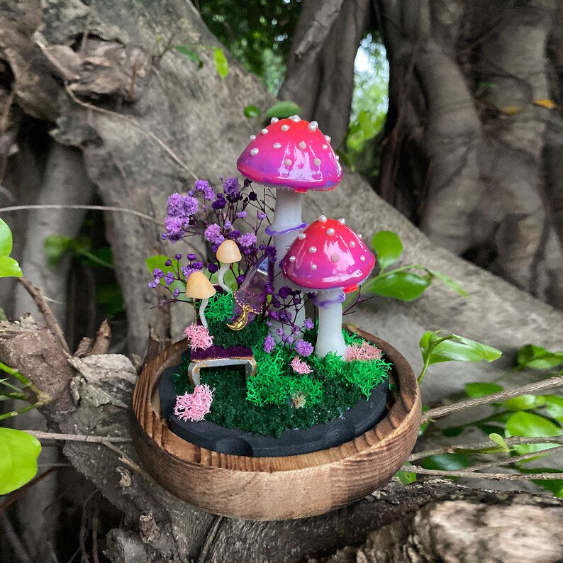 LED Mushroom Lamp with Wooden Base and Glass Dome, Purple Forest Night Light, Battery or USB Powered