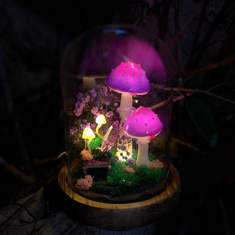 LED Mushroom Lamp with Wooden Base and Glass Dome, Purple Forest Night Light, Battery or USB Powered