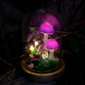 LED Mushroom Lamp with Wooden Base and Glass Dome, Purple Forest Night Light, Battery or USB Powered