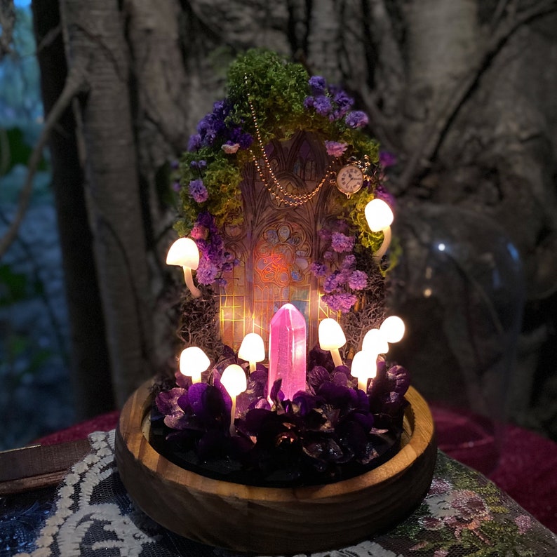 Amethyst Crystal Mushroom Lamp Handmade Purple LED Night Light Wooden Base Glass Dome Home Decor