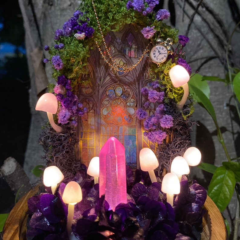 Amethyst Crystal Mushroom Lamp Handmade Purple LED Night Light Wooden Base Glass Dome Home Decor
