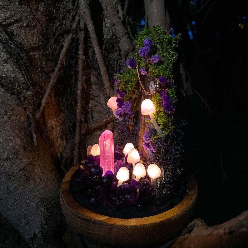 Amethyst Crystal Mushroom Lamp Handmade Purple LED Night Light Wooden Base Glass Dome Home Decor