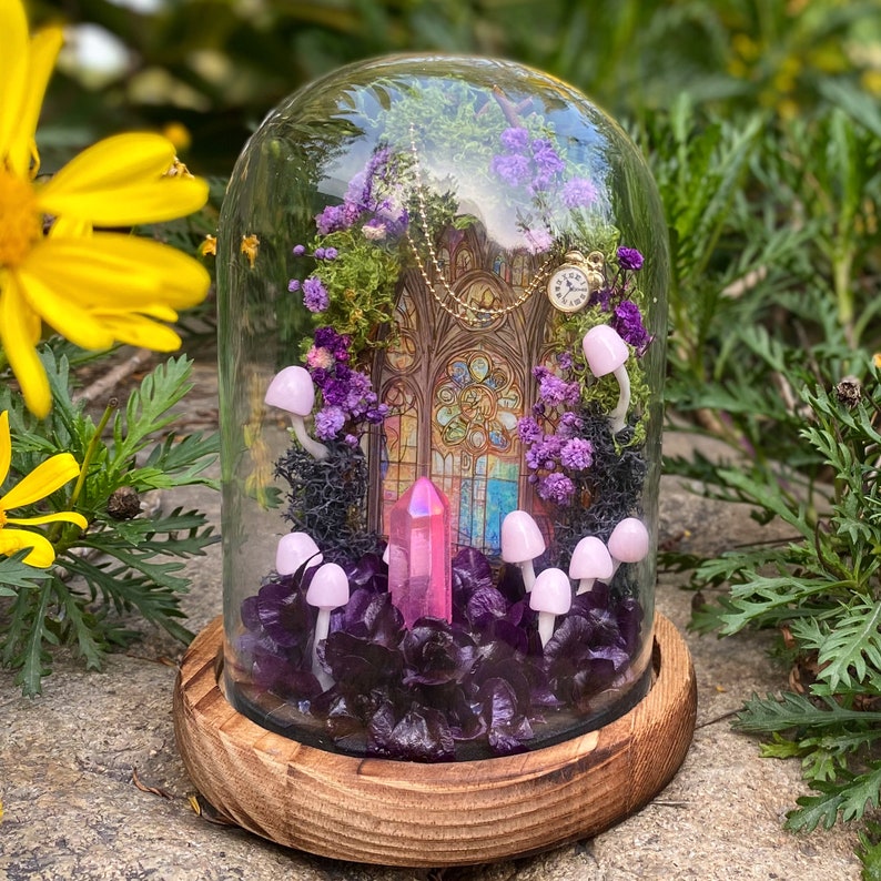 Amethyst Crystal Mushroom Lamp Handmade Purple LED Night Light Wooden Base Glass Dome Home Decor