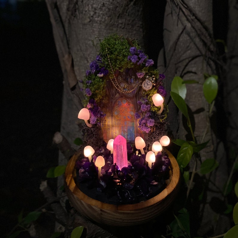 Amethyst Crystal Mushroom Lamp Handmade Purple LED Night Light Wooden Base Glass Dome Home Decor