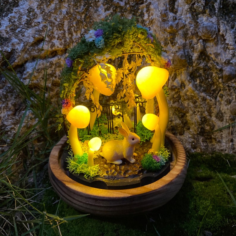 Bunny Mushroom Lamp with Wreath Handmade Woodland Night Light Table Lamp
