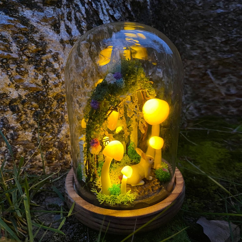 Bunny Mushroom Lamp with Wreath Handmade Woodland Night Light Table Lamp