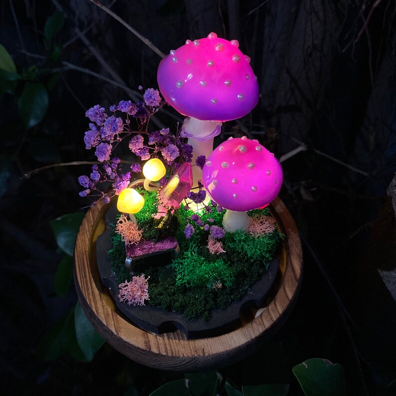 LED Mushroom Lamp with Wooden Base and Glass Dome, Purple Forest Night Light, Battery or USB Powered