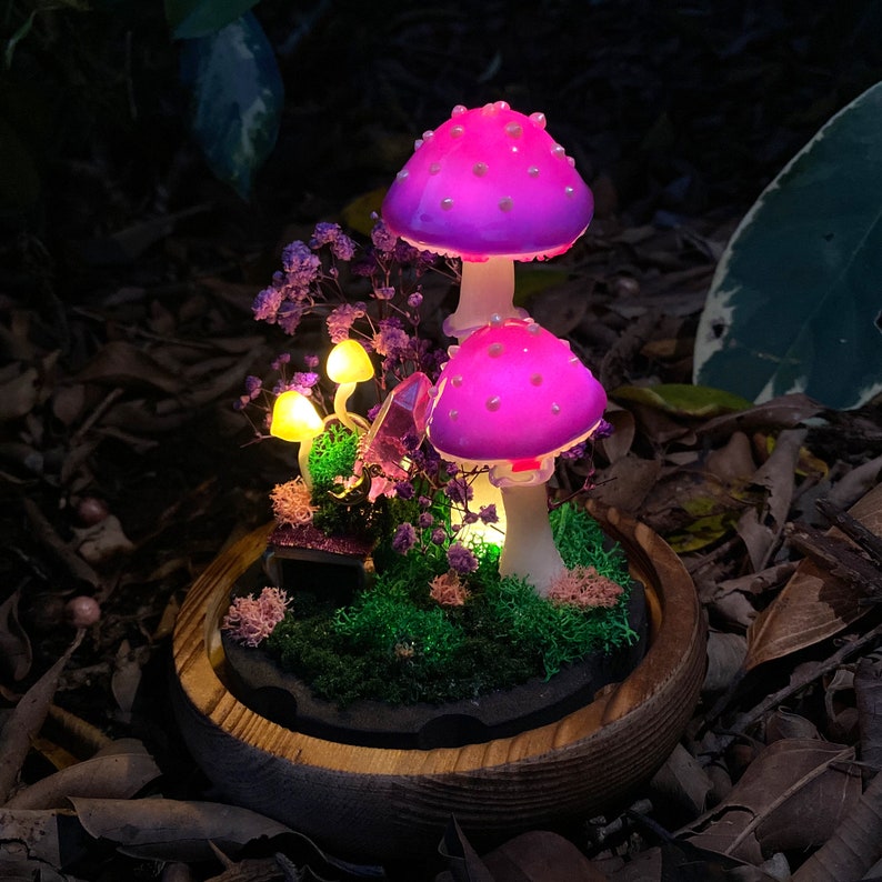 LED Mushroom Lamp with Wooden Base and Glass Dome, Purple Forest Night Light, Battery or USB Powered