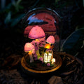 Mushroom Night Light with Glowing Crystals and Snail Decor, Wooden Base, Glass Dome, LED, Battery or USB Powered