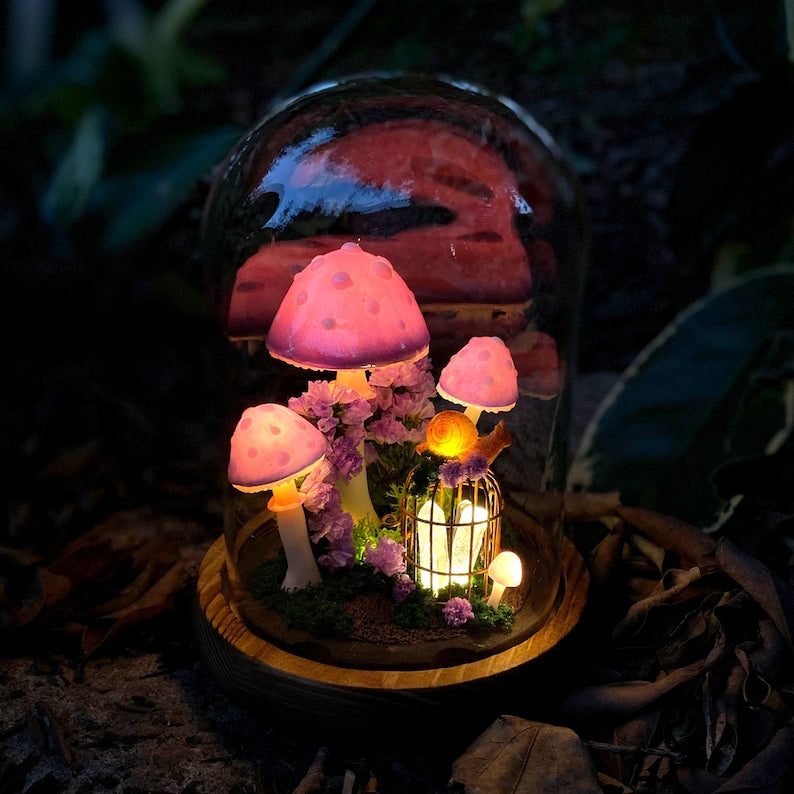 Mushroom Night Light with Glowing Crystals and Snail Decor, Wooden Base, Glass Dome, LED, Battery or USB Powered
