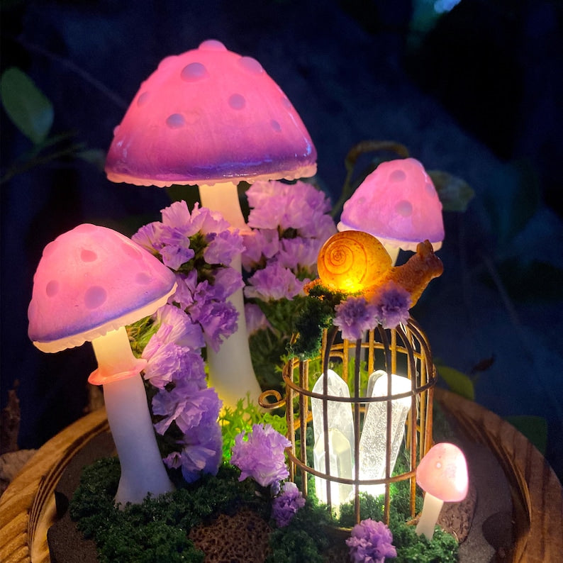 Mushroom Night Light with Glowing Crystals and Snail Decor, Wooden Base, Glass Dome, LED, Battery or USB Powered