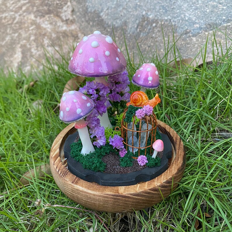 Mushroom Night Light with Glowing Crystals and Snail Decor, Wooden Base, Glass Dome, LED, Battery or USB Powered