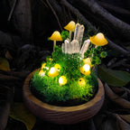LED Mushroom Lamp with Glass Dome & Crystal, Wooden Base Night Light, 6.7 in, Battery or USB Powered