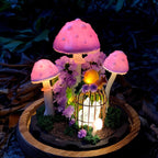 Mushroom Night Light with Glowing Crystals and Snail Decor, Wooden Base, Glass Dome, LED, Battery or USB Powered