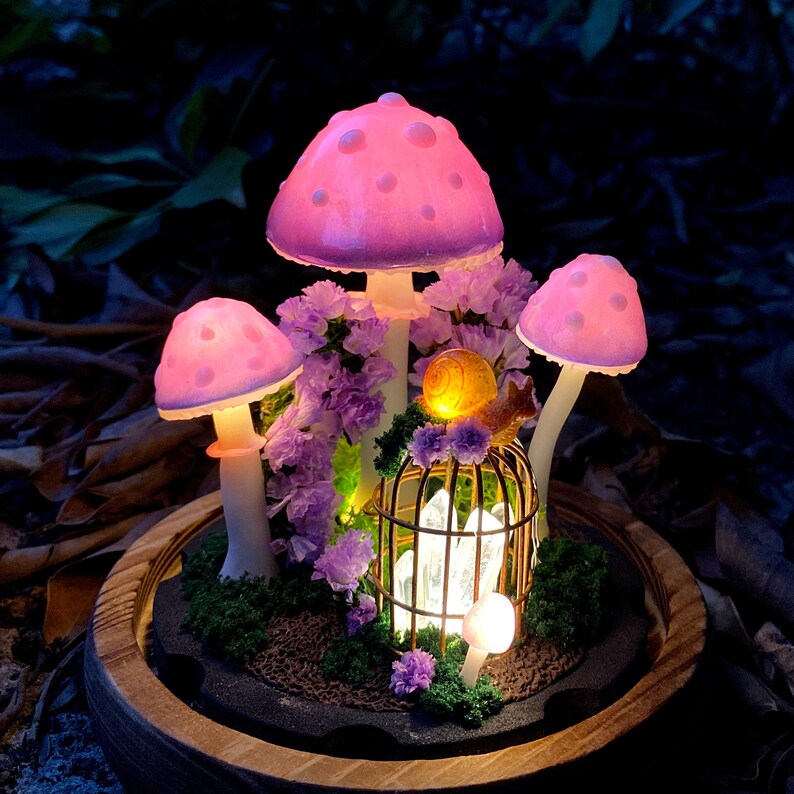Mushroom Night Light with Glowing Crystals and Snail Decor, Wooden Base, Glass Dome, LED, Battery or USB Powered