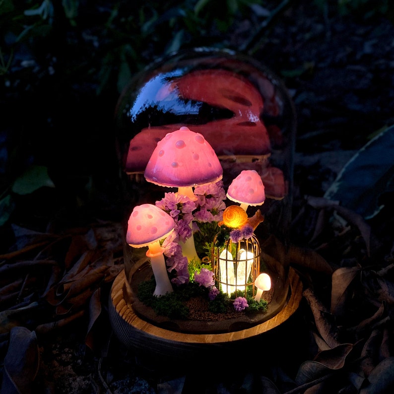 Mushroom Night Light with Glowing Crystals and Snail Decor, Wooden Base, Glass Dome, LED, Battery or USB Powered