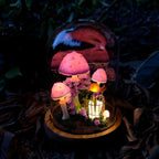 Mushroom Night Light with Glowing Crystals and Snail Decor, Wooden Base, Glass Dome, LED, Battery or USB Powered
