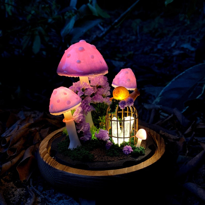 Mushroom Night Light with Glowing Crystals and Snail Decor, Wooden Base, Glass Dome, LED, Battery or USB Powered
