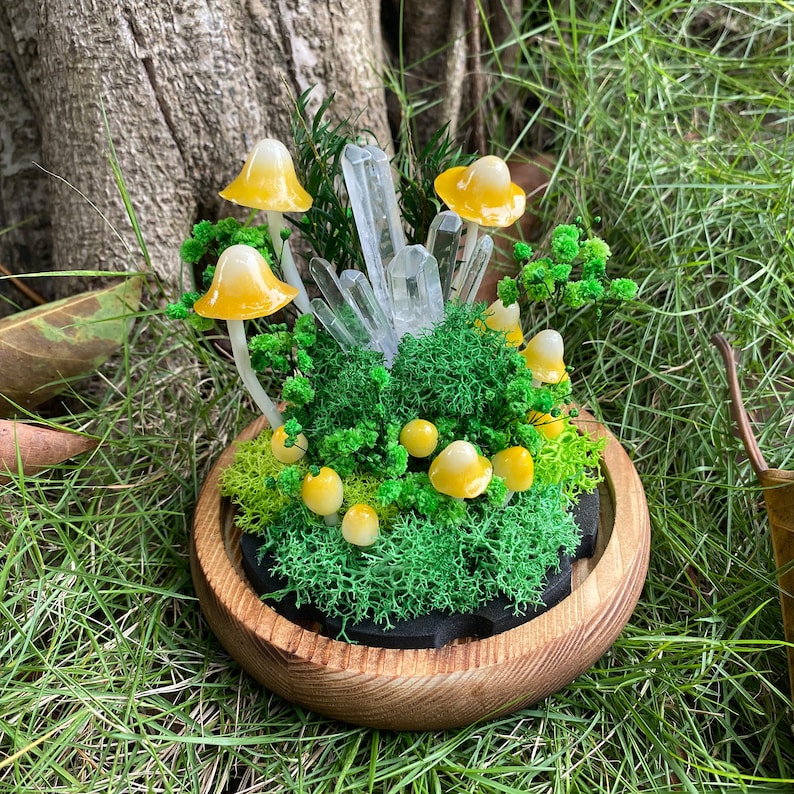LED Mushroom Lamp with Glass Dome & Crystal, Wooden Base Night Light, 6.7 in, Battery or USB Powered