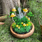 LED Mushroom Lamp with Glass Dome & Crystal, Wooden Base Night Light, 6.7 in, Battery or USB Powered