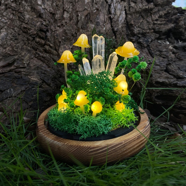 LED Mushroom Lamp with Glass Dome & Crystal, Wooden Base Night Light, 6.7 in, Battery or USB Powered