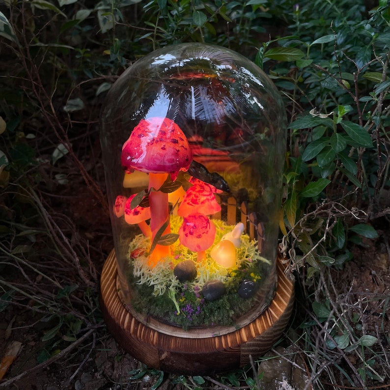Glass Mushroom Night Light with Butterfly Rabbit Forest Scene, Battery or USB Powered