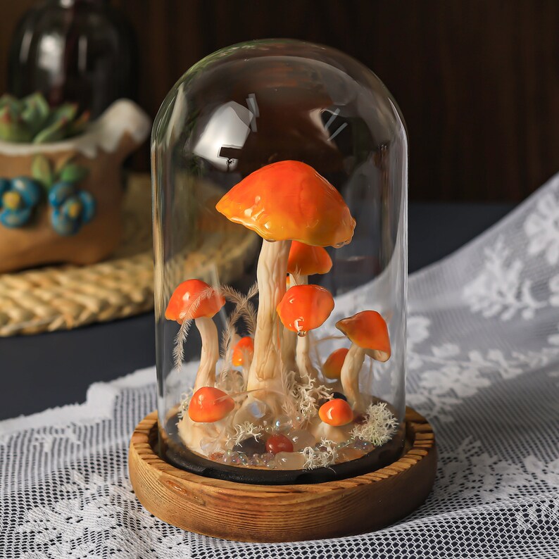 Orange Mushroom Lamp with Glass Cover and Wooden Base, Battery or USB Powered Night Light Desk Lamp