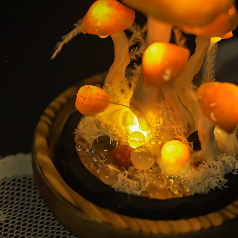 Orange Mushroom Lamp with Glass Cover and Wooden Base, Battery or USB Powered Night Light Desk Lamp